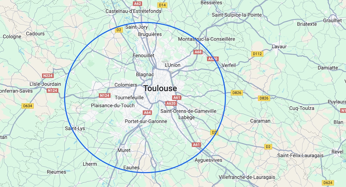 Carte de la région Toulousaine avec un cercle rouge de rayon d'action